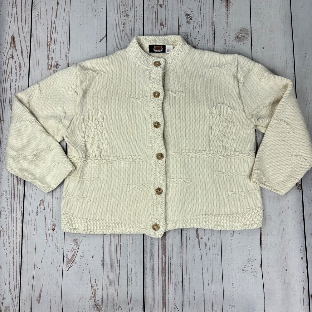 Brimwick Custom Knitwear Cream Cotton Lighthouse Nautical Cardigan Sweater XL